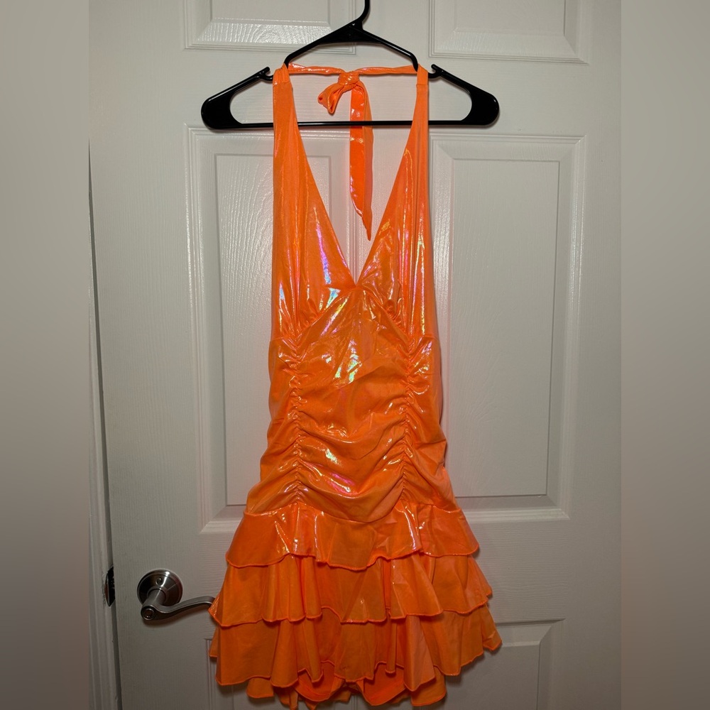 Shimmering Orange Halter Mini Dress